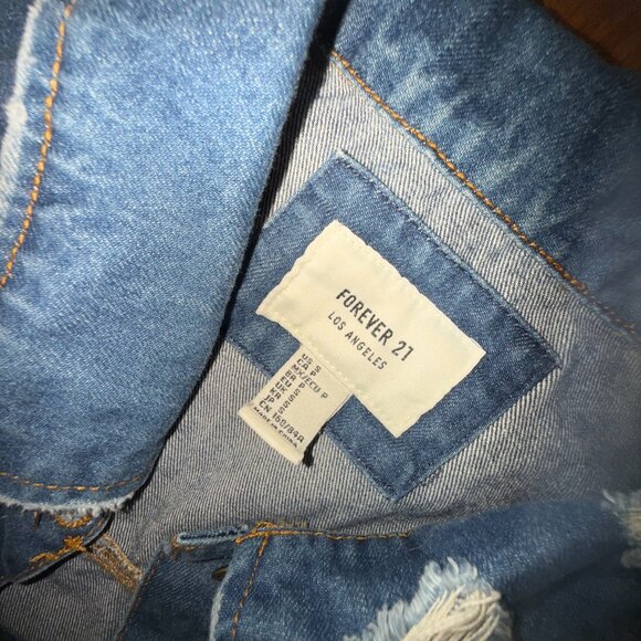 Distressed Blue Jean Jacket Cropped Ripped Forever 21 Small - Picture 5 of 8